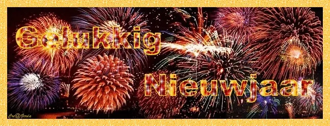 Kleurige vuurwerken met de tekst "Gelukkig Nieuwjaar".