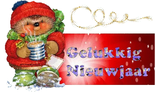 Een schattige egel in winterkleding met een kerstboodschap: Gelukkig Nieuwjaar.