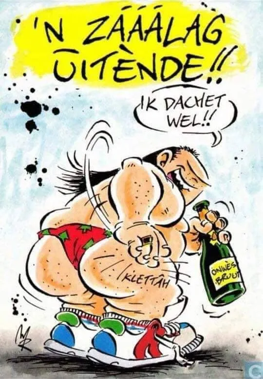 Een cartoon van een man met een grote buik die champagne opent.