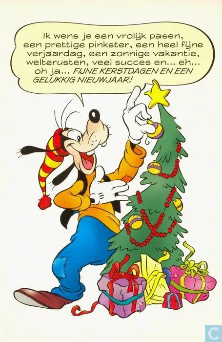 Een vrolijke cartoon van Goofy bij een kerstboom met cadeaus.