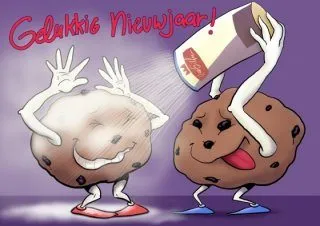 Twee enthousiaste koekjes met armen en benen vieren het nieuwe jaar.