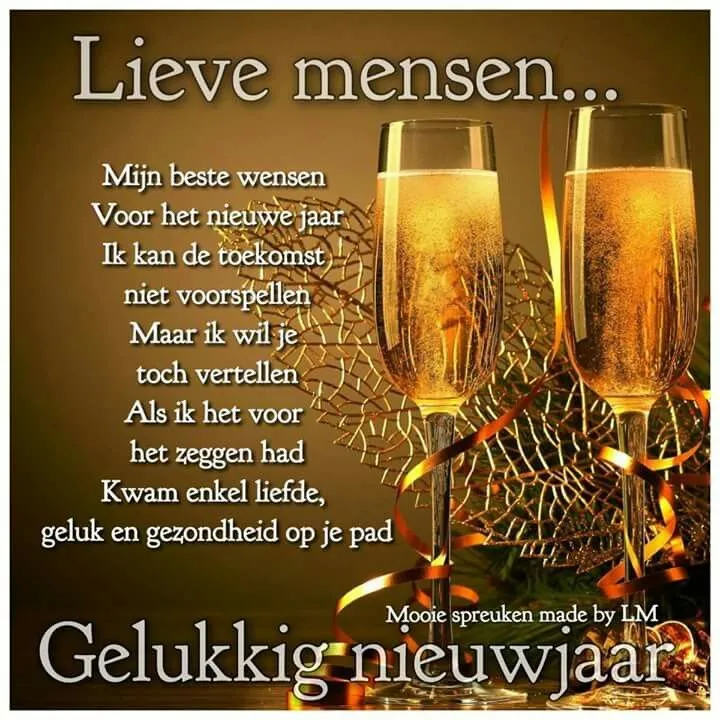 Tekst met nieuwjaarswensen en glazen champagne op een feestelijke achtergrond.