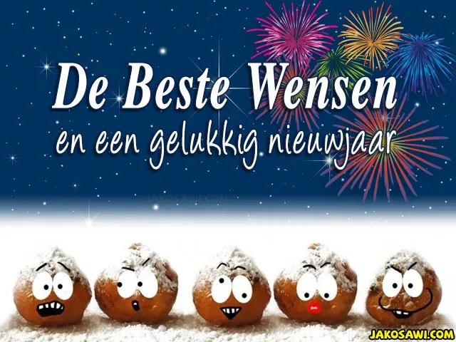 Afbeelding met tekst: "De Beste Wensen en een gelukkig nieuwjaar" met vuurwerk en vrolijke oliebollen.