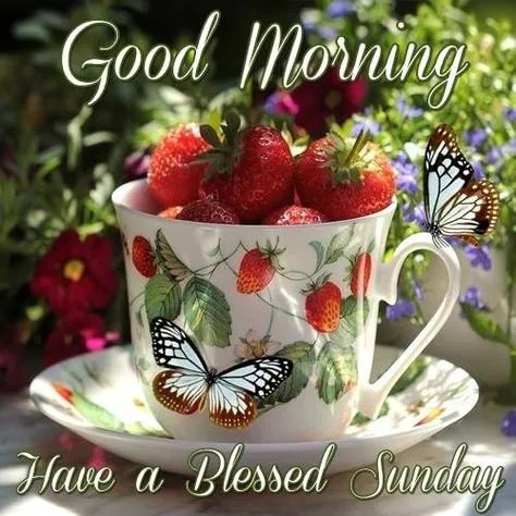 Een mok met aardbeien, bloemen en vlinders, met de tekst "Goede morgen".