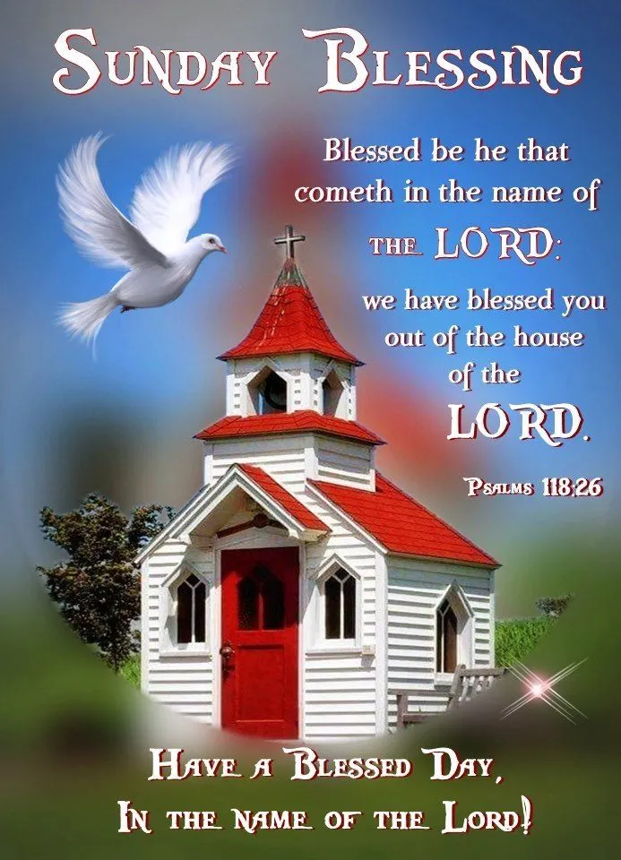 Zicht op een kleine kerk met een witte duif en een zegen tekst op de achtergrond.