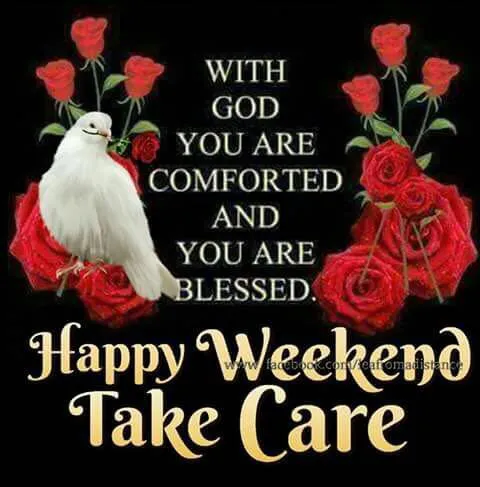 Tekst met een boodschap van zegen, rozen en een witte duif. Fijne weekend gewenst.