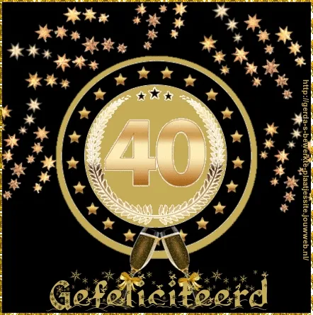Feestelijke afbeelding met gouden medaille en sterren, met "40" en "Gefeliciteerd."