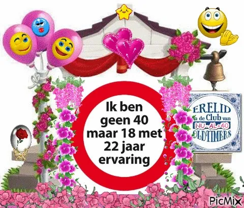 Een feestelijke afbeelding met bloemen, ballonnen en tekst over 22 jaar ervaring.