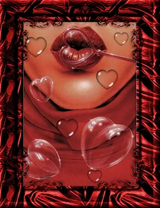 Lippen met een hartvormige lollipop, omringd door zwevende harten.