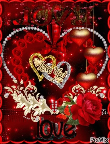 Gouden harten, rozen en glitter op een rode achtergrond met de tekst "Love Ya".