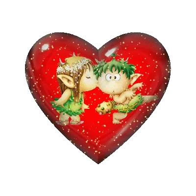 Hartvormige afbeelding van twee elfachtige figuren die elkaar zoenen.