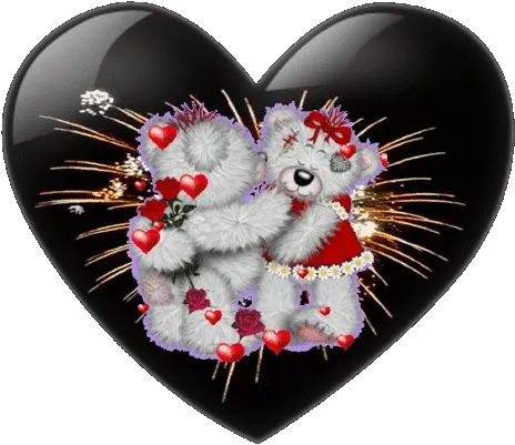 Twee schattige teddyberen omarmend met bloemen, tegen een hartvormige achtergrond.