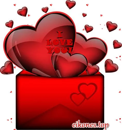 Een rode doos met harten en de tekst "I LOVE YOU!" in het midden.