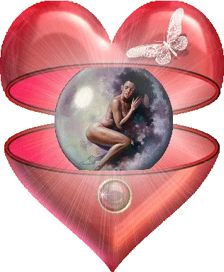 Een vrouw in een glazen bol, omringd door hartvorm en vlinder.