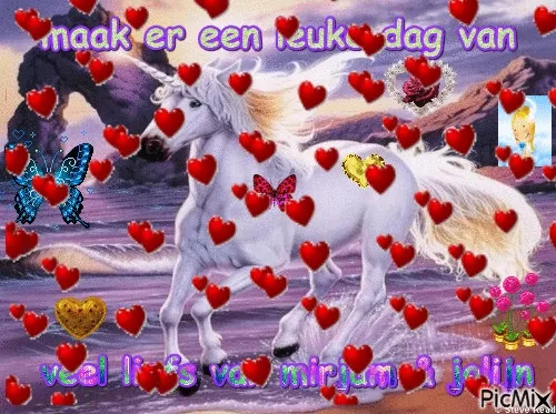 Een paard omringd door hartjes en vlinders op een kleurrijke achtergrond.