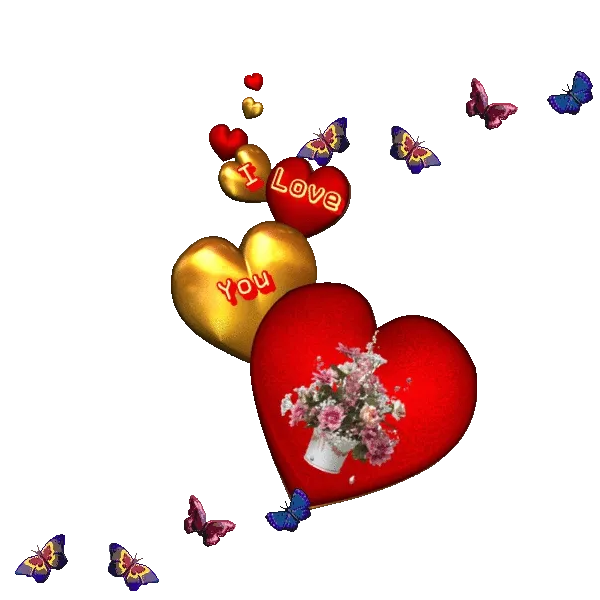 Rode en gouden harten met de tekst "I Love You" en bloemen, omgeven door vlinders.