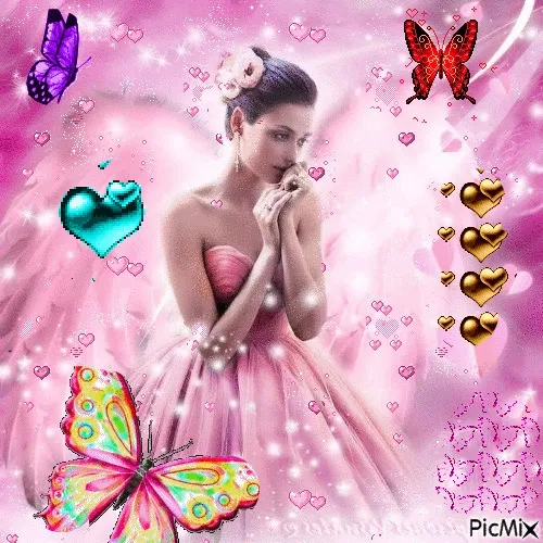 Een vrouw in een roze jurk omringd door hartjes en vlinders op een roze achtergrond.