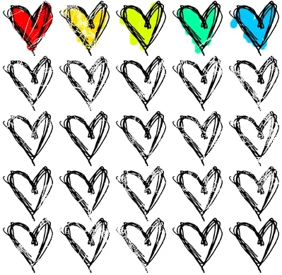 Zes rijen met handgetekende harten in verschillende kleuren en omtrekken.
