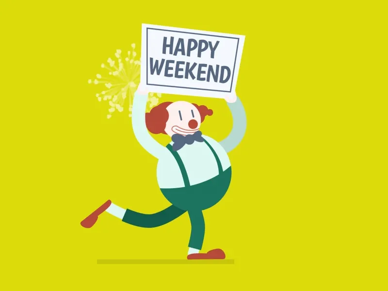 ᐅ goed weekend gif - Weekend plaatjes Clown die een bord met 'Happy Weekend' omhooghoudt, terwijl hij vrolijk danst.