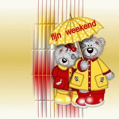 ᐅ goed weekend gif - Weekend plaatjes Twee schattige beren met een parasol, gekleed voor het weekend.