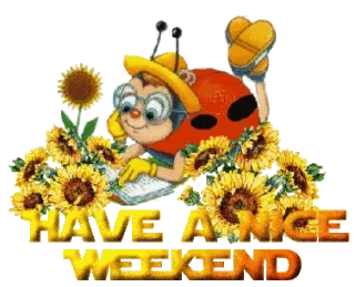 ᐅ goed weekend gif - Weekend plaatjes Een lieveheersbeestje schrijft tussen zonnebloemen "Fijn weekend".