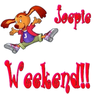 ᐅ goed weekend gif - Weekend plaatjes Een vrolijke cartoonhond springt blij met de tekst "Joepie Weekend!"