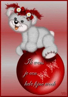 ᐅ goed weekend gif - Weekend plaatjes Schattige beer met bloemen op een rode bal, met de tekst 'Ik wens je een hele fijne week'.