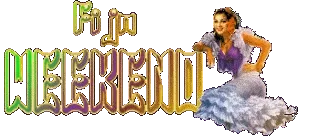 ᐅ goed weekend gif - Weekend plaatjes Fijne weekend tekst met kleurrijke letters en een vrouw in een feestelijke outfit.