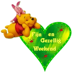 ᐅ goed weekend gif - Weekend plaatjes Winnie de Poeh en Knorretje met de tekst "Fijn en Gezellig Weekend" op een hart.