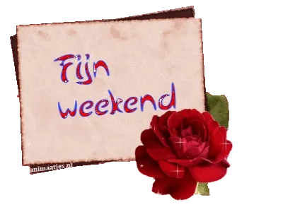 ᐅ goed weekend gif - Weekend plaatjes Een roze roos naast de tekst "Fijn weekend" op een rode achtergrond.