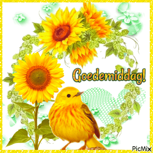 ᐅ Geweldige Goedemiddag Plaatjes - De Leukste Gratis Afbeeldingen - Goedemiddag plaatjes Gele vogel met zonnebloemen en de tekst 'Goedemiddag' op een kleurrijke achtergrond.