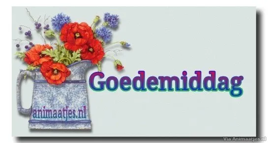 Kleurige bloemen in een vaas met de tekst "Goedemiddag".