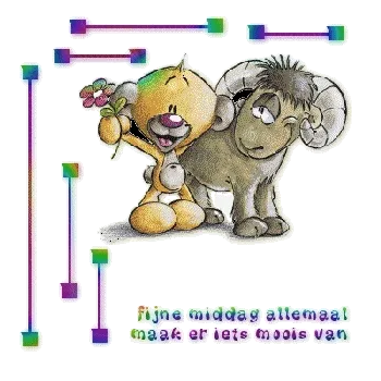 Een cartoonfiguur met een bloem, samen met een schattig schaap. Kleurige decoraties eromheen.