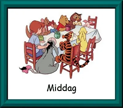 Een groep dieren en een kind zitten samen aan een tafel voor de lunch.