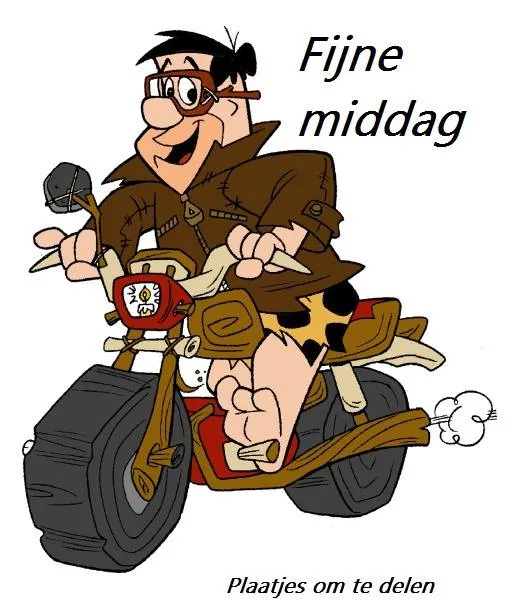 Een cartoonfiguur op een motor, lachend met een berichtenwens.