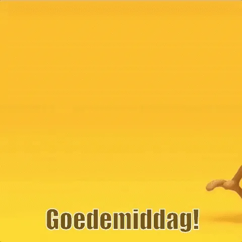 ᐅ goedemiddag gif - Goedemiddag plaatjes Een cartoonfiguur zegt "Goedemiddag!" met een gele achtergrond.