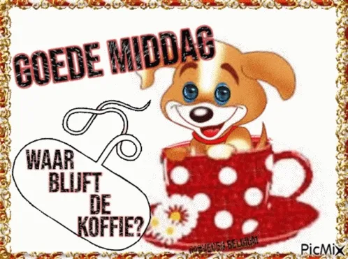 ᐅ goedemiddag gif - Goedemiddag plaatjes Een schattige puppy in een rode mok met de tekst "Goede middag" en "Waar blijft de koffie?"