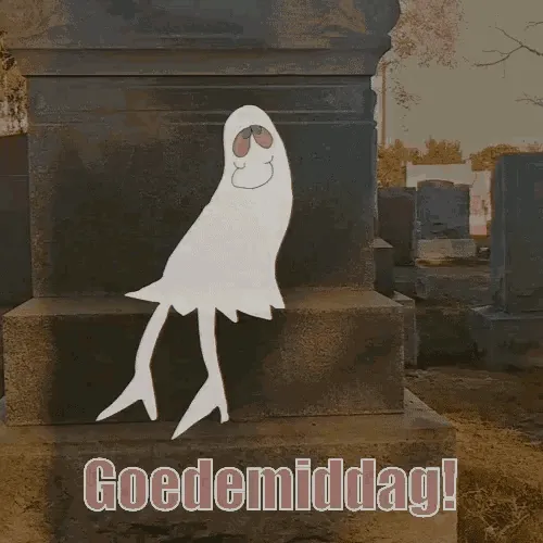 ᐅ goedemiddag gif - Goedemiddag plaatjes Een geestachtige figuur zit op een grafsteen en zegt "Goedemiddag!"