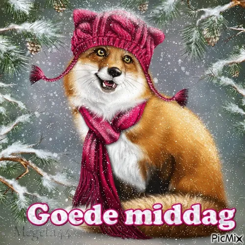 ᐅ goedemiddag gif - Goedemiddag plaatjes Een vos met een roze muts en sjaal, omringd door sneeuw en bomen.