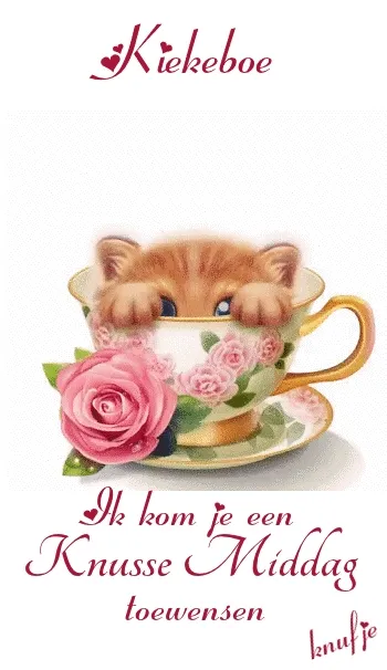 ᐅ goedemiddag gif - Goedemiddag plaatjes Een schattige kitten zit in een bloemenmok met een boodschap voor een fijne middag.