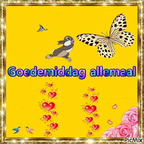 ᐅ goedemiddag gif - Goedemiddag plaatjes Achtergrond met een konijn, een vlinder en de tekst "Goedemiddag allemaal".