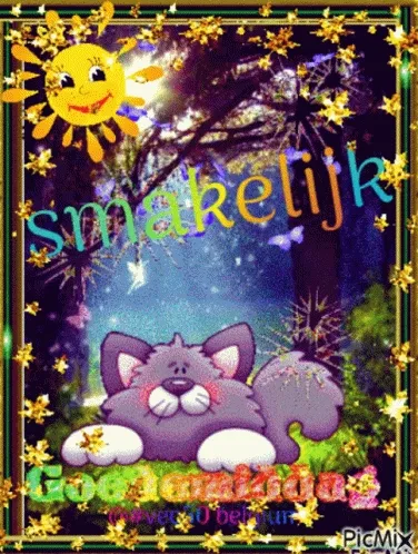 ᐅ goedemiddag gif - Goedemiddag plaatjes Een vrolijke afbeelding met een zon, sterren en een schattige kat in een bosomgeving.