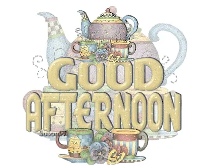 ᐅ goedemiddag gif - Goedemiddag plaatjes Illustratie met een theepot en bekers, met de tekst "Good Afternoon".