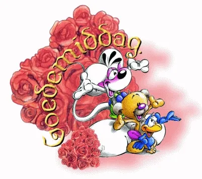 ᐅ goedemiddag gif - Goedemiddag plaatjes Drie vrolijke dieren omringd door rozen met de tekst "Goedemiddag".
