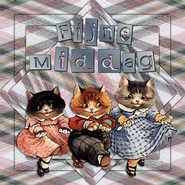 ᐅ goedemiddag gif - Goedemiddag plaatjes Drie katten in kleding met de tekst "Fijne middag" op een kleurrijke achtergrond.
