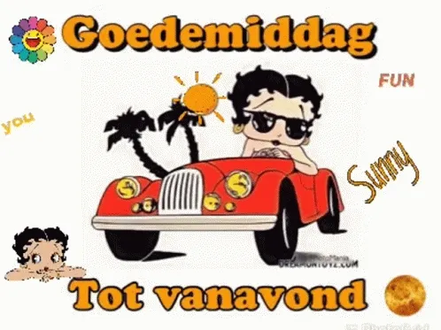 ᐅ goedemiddag gif - Goedemiddag plaatjes Betty Boop rijdt in een rode auto, met zon en vrolijke teksten rondom.