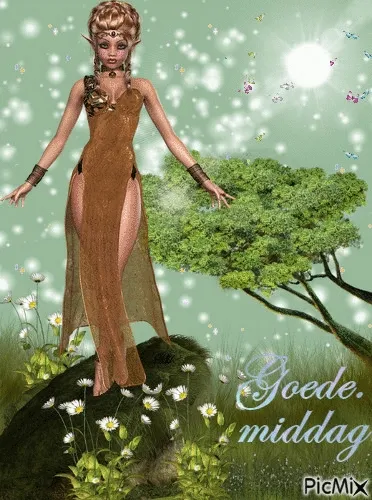 ᐅ goedemiddag gif - Goedemiddag plaatjes Een elf in een bruin jurk, staande op een rots te midden van bloemen en een boom.