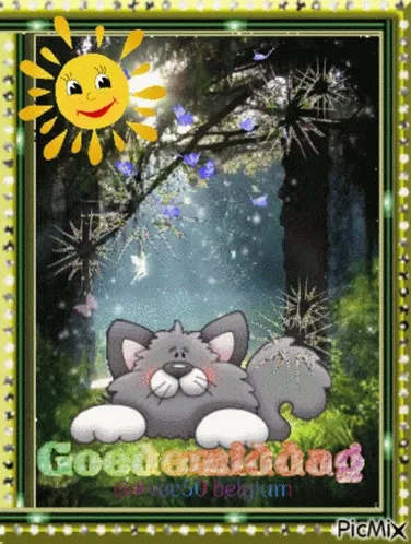 ᐅ goedemiddag gif - Goedemiddag plaatjes Zonneschijn boven een slapende kat in een sprookjesachtige omgeving.
