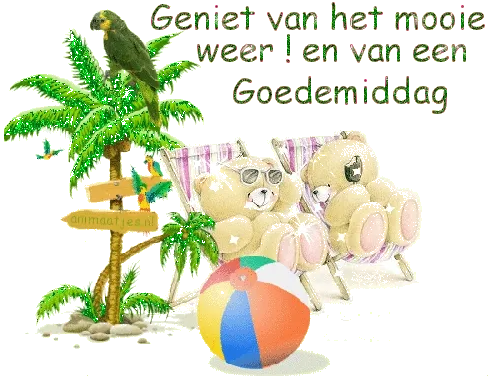 ᐅ goedemiddag gif - Goedemiddag plaatjes Twee teddyberen in ligstoelen onder een palm, met een papegaai en een bal.