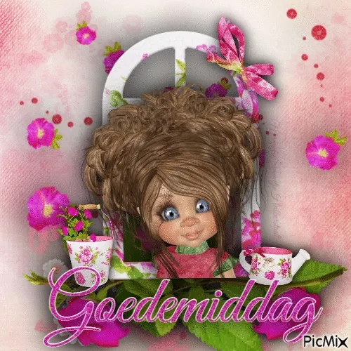 ᐅ goedemiddag gif - Goedemiddag plaatjes Een schattige pop met een haar-stijl, bloemen en een groet "Goedemiddag".